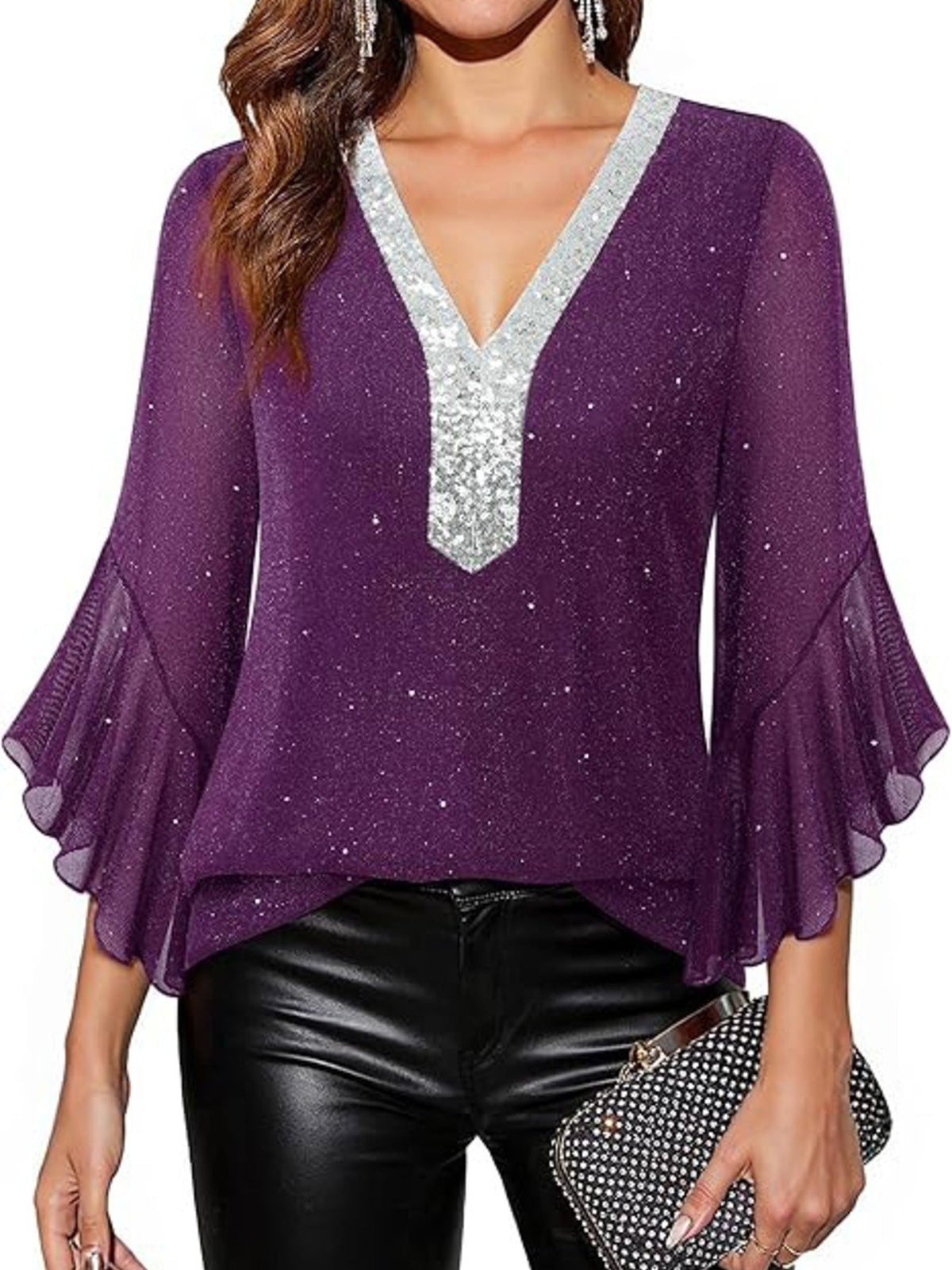 Sequin V-Neck Flounce Sleeve Blouse