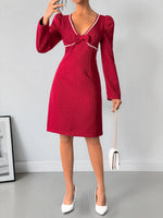 Pearl Trim V-Neck Long Sleeve Bodycon Dress