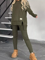 Full Size Slit Round Neck Top and Pants Set Plus Size