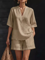 Full Size Notched Half Sleeve Top and Shorts Set Plus Size