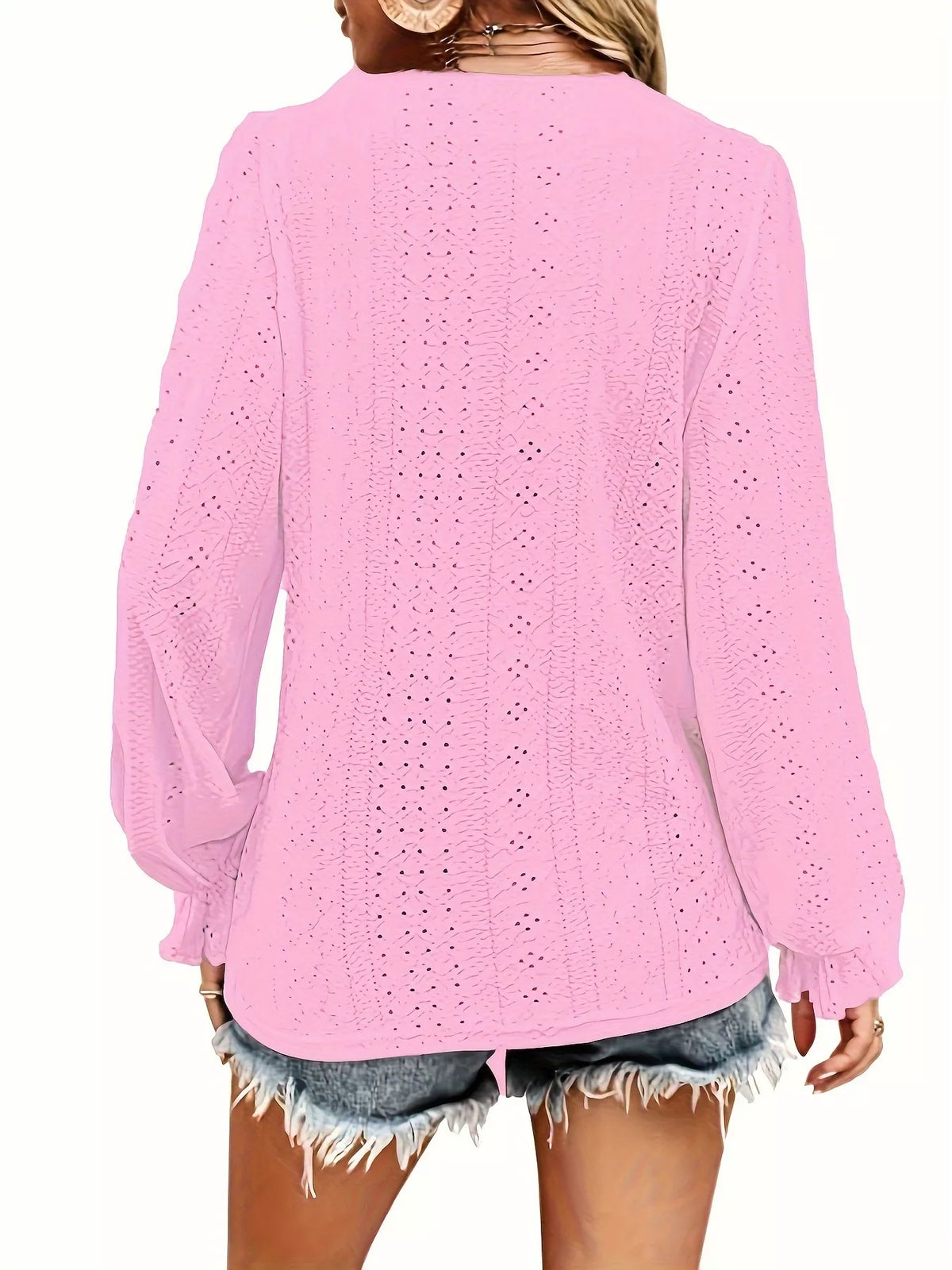 Plus Size Eyelet V-Neck Flounce Sleeve Blouse