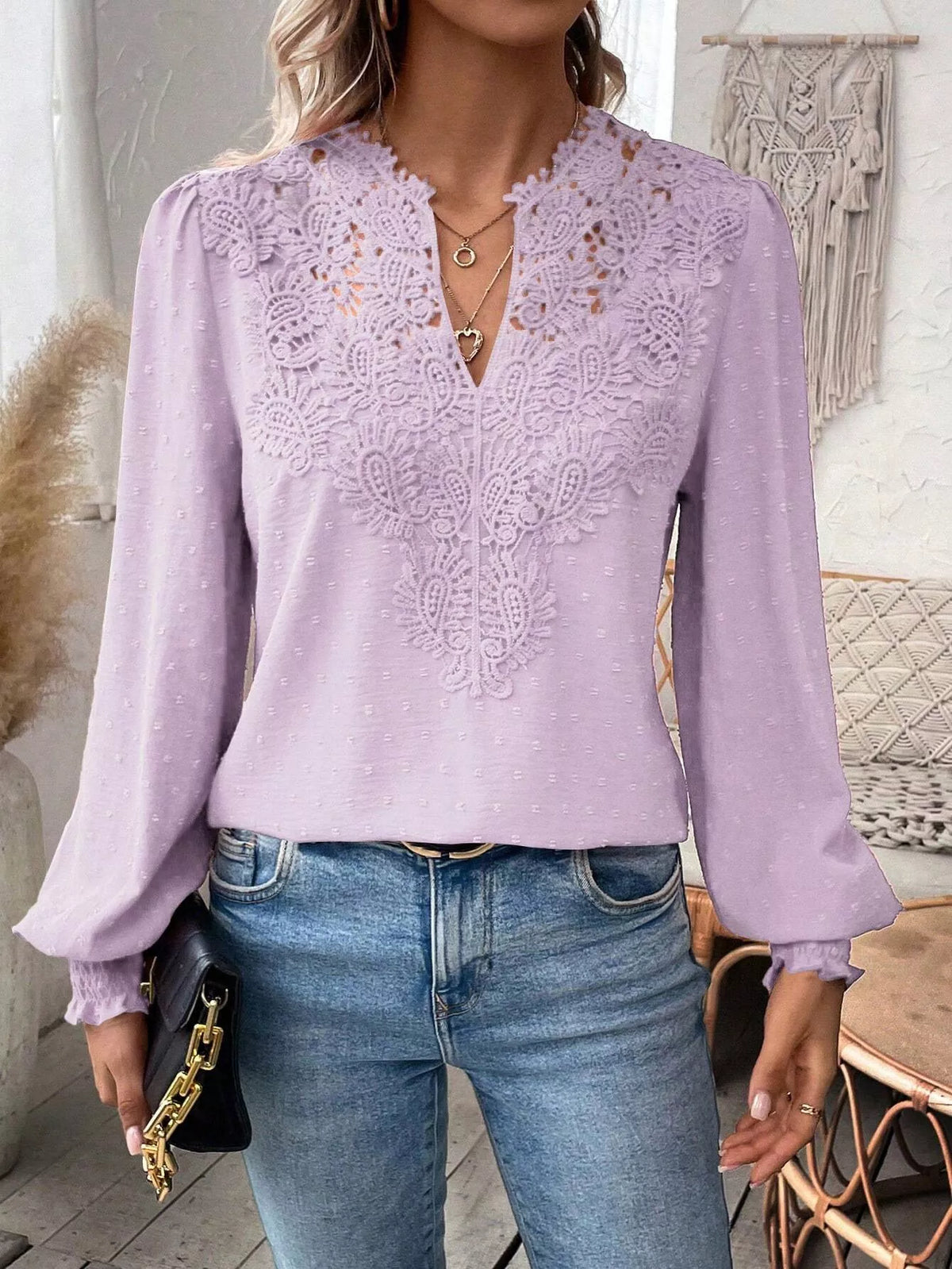 Swiss Dot Lace Detail Long Sleeve Blouse