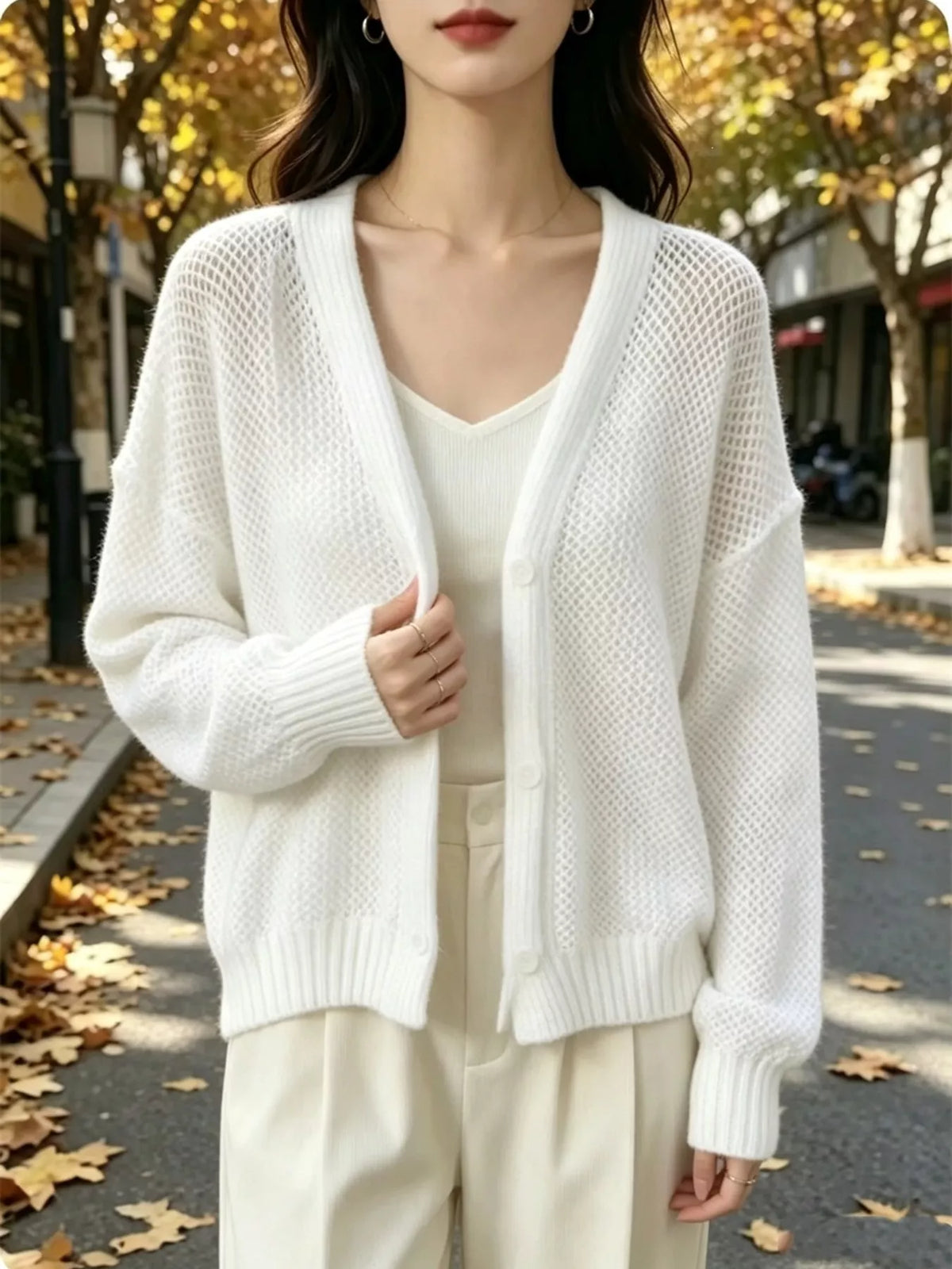 V-Neck Open-Knit Button-Down Cardigan