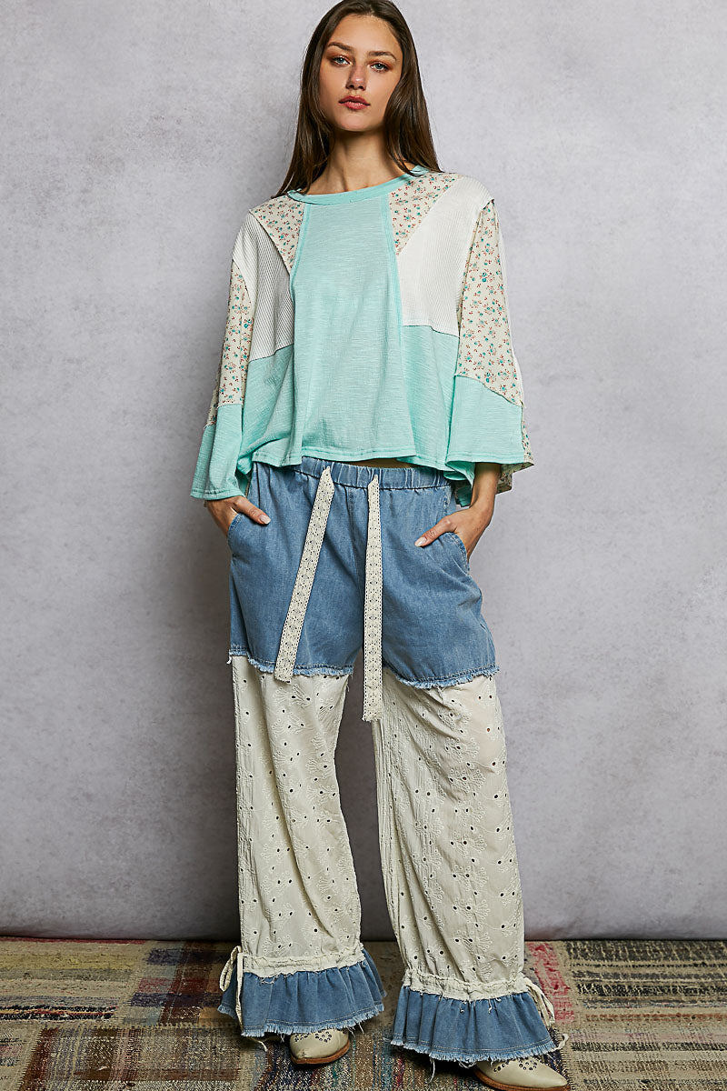 POL Exposed Seam Floral Patchwork Round Neck Textured Slub Knit Top