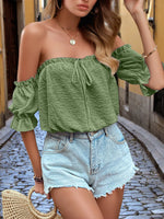 Off-Shoulder Swiss Dot Blouse with Tie Front Detail
