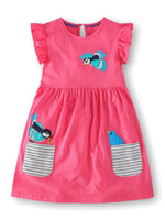 Children's Bird Applique Pocket Ruffle Sleeve Dress