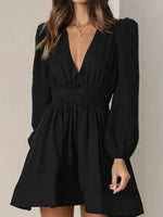 Ruched V-Neck Balloon Sleeve Mini Dress