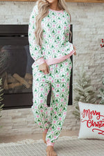 Christmas Tree Print Contrast Striped Banding 2pcs Lounge Set