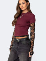 Cropped T-Shirt with Sheer Lace Sleeves