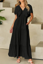 Ruffled V Neck Flutter Sleeve Maxi Dress