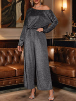 Glitter One Shoulder Long Sleeve Wide Leg Jumpsuit