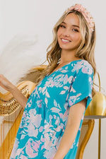 BiBi Floral Crinkle Shirred Ruffle Detail V Neck Dress