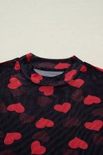 Valentines Heart Printed Sheer Mesh Long Sleeve Top