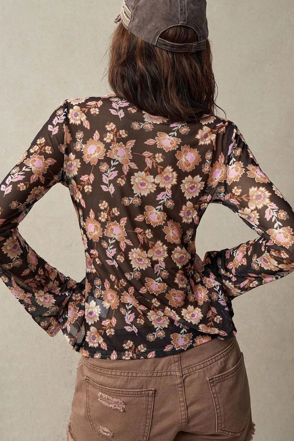 FloralButton-Front Shirt with Bell Sleeves