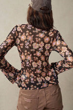 FloralButton-Front Shirt with Bell Sleeves