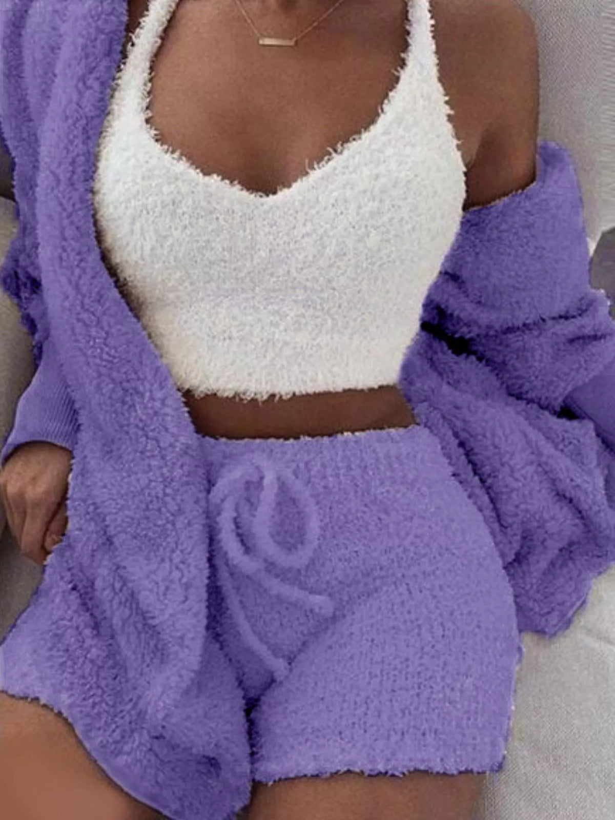 Full Size 3-Piece Fuzzy Plush Cardigan and Shorts Lounge Set with Crop Top Plus Size