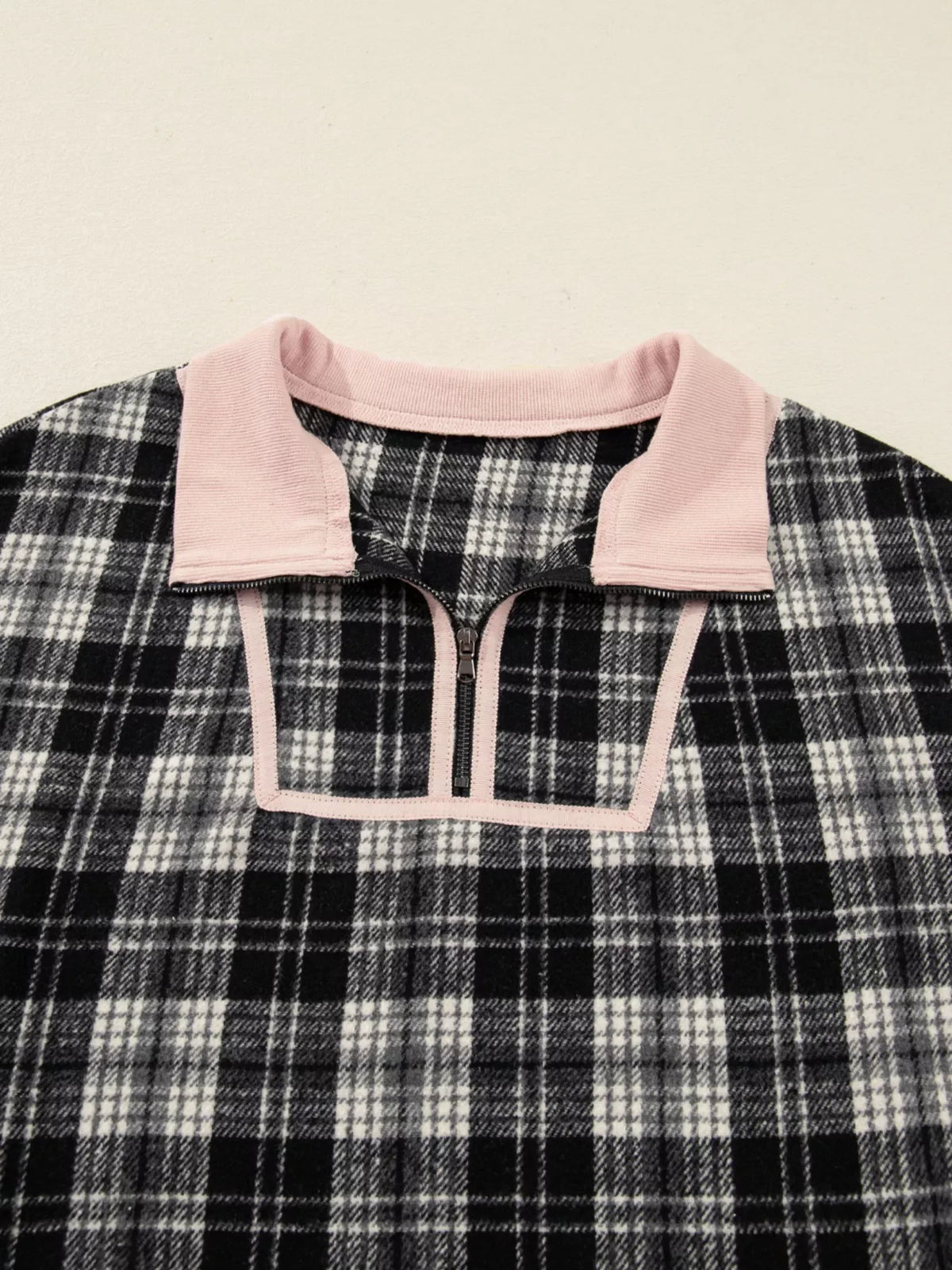 Plaid Polo Collar Zip up Contrast Trim Shift Long Sleeve Mini Dress