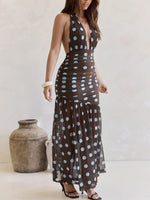 Polka Dot Halter Ruched Maxi Dress