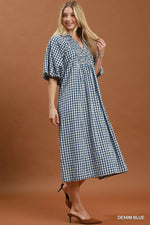 Umgee Puff Sleeve Plaid Midi Dress