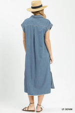 Umgee Pinstripe Denim Collared Midi Dress with Side Slits