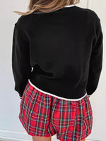 Contrast Trim Bow Accent Holiday Cropped Sweater