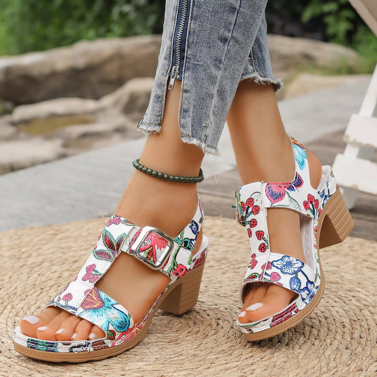 Floral Print Buckle Ankle Strap Block Heel Sandals