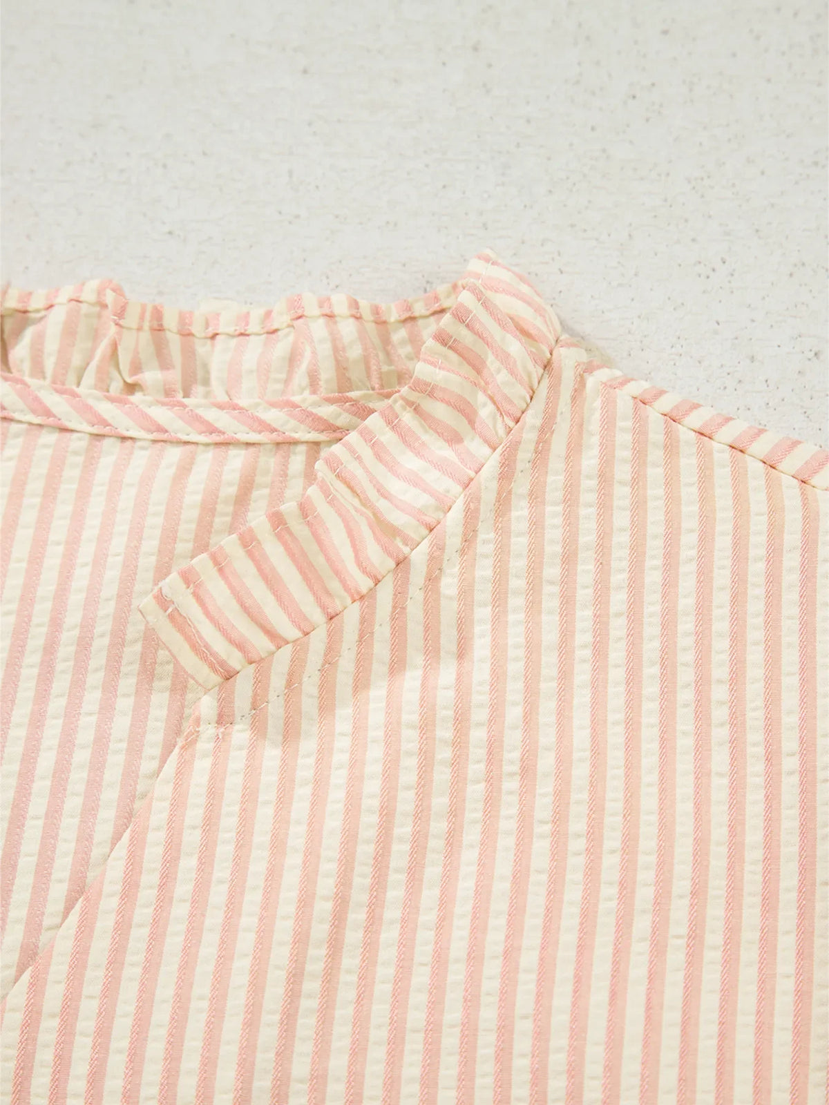 Stripe Bow Knot Cuff Pearl Embellished Puff Sleeve V Neck Blouse