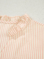 Stripe Bow Knot Cuff Pearl Embellished Puff Sleeve V Neck Blouse
