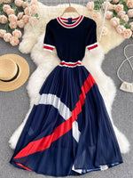Elegant Color Block Pleated Midi Dress