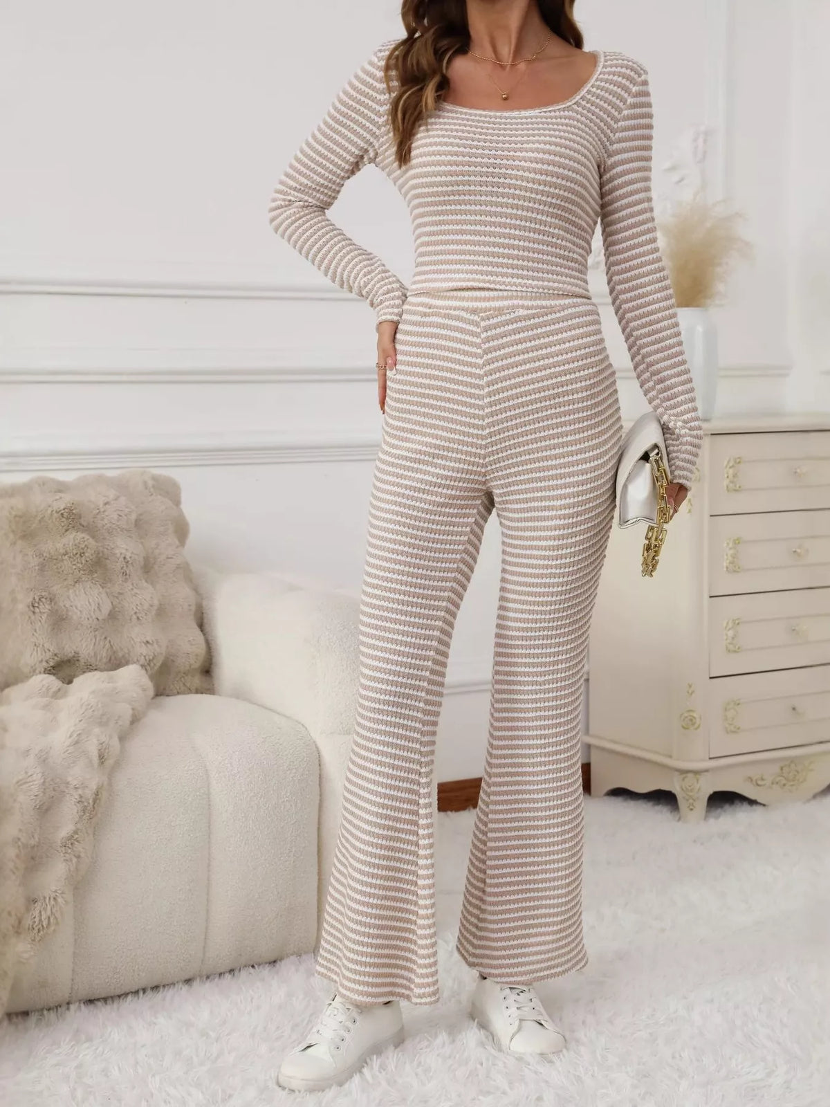 Striped Knit Long Sleeve Top & Flare Leg Pants Set
