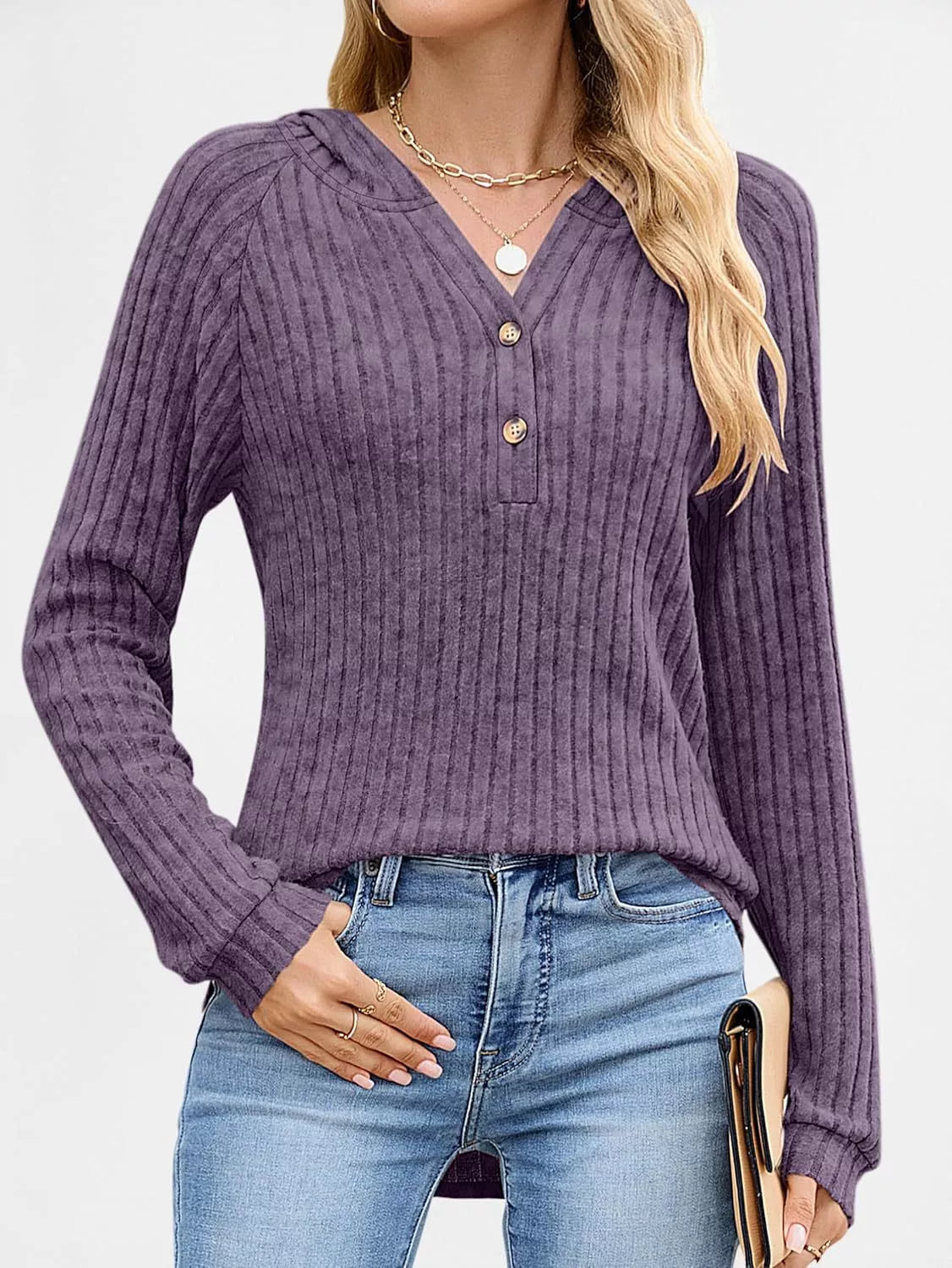 Full Size Ribbed Knit Button Detail Hooded Top Plus Size