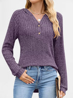 Full Size Ribbed Knit Button Detail Hooded Top Plus Size