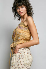 POL Button Down Floral Embroidered Cropped Cami with Lace Detail