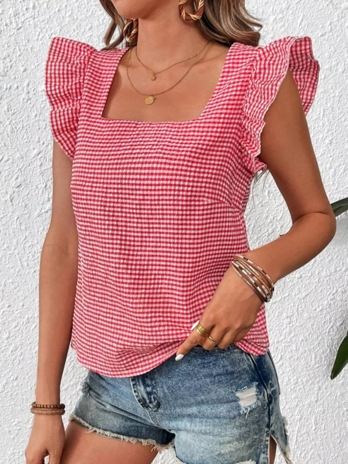 Gingham Ruffle Sleeve Square Neck Blouse