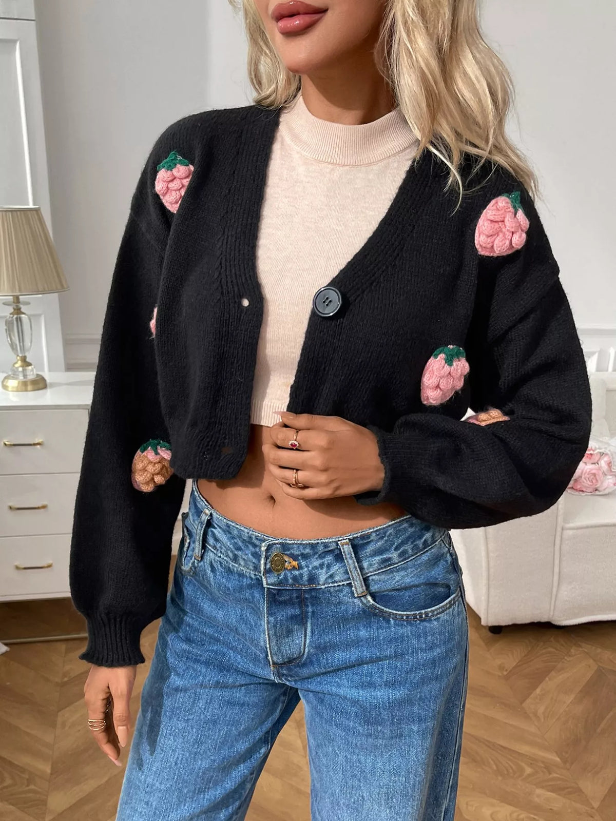 Strawberry Cropped Button-Up Cardigan