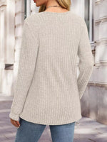 Ribbed Knit Button-Front Long Sleeve T-Shirt