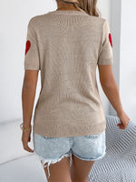Heart Round Neck Short Sleeve Knit Top