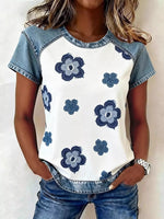 Denim Patchwork Short Sleeve Blouse