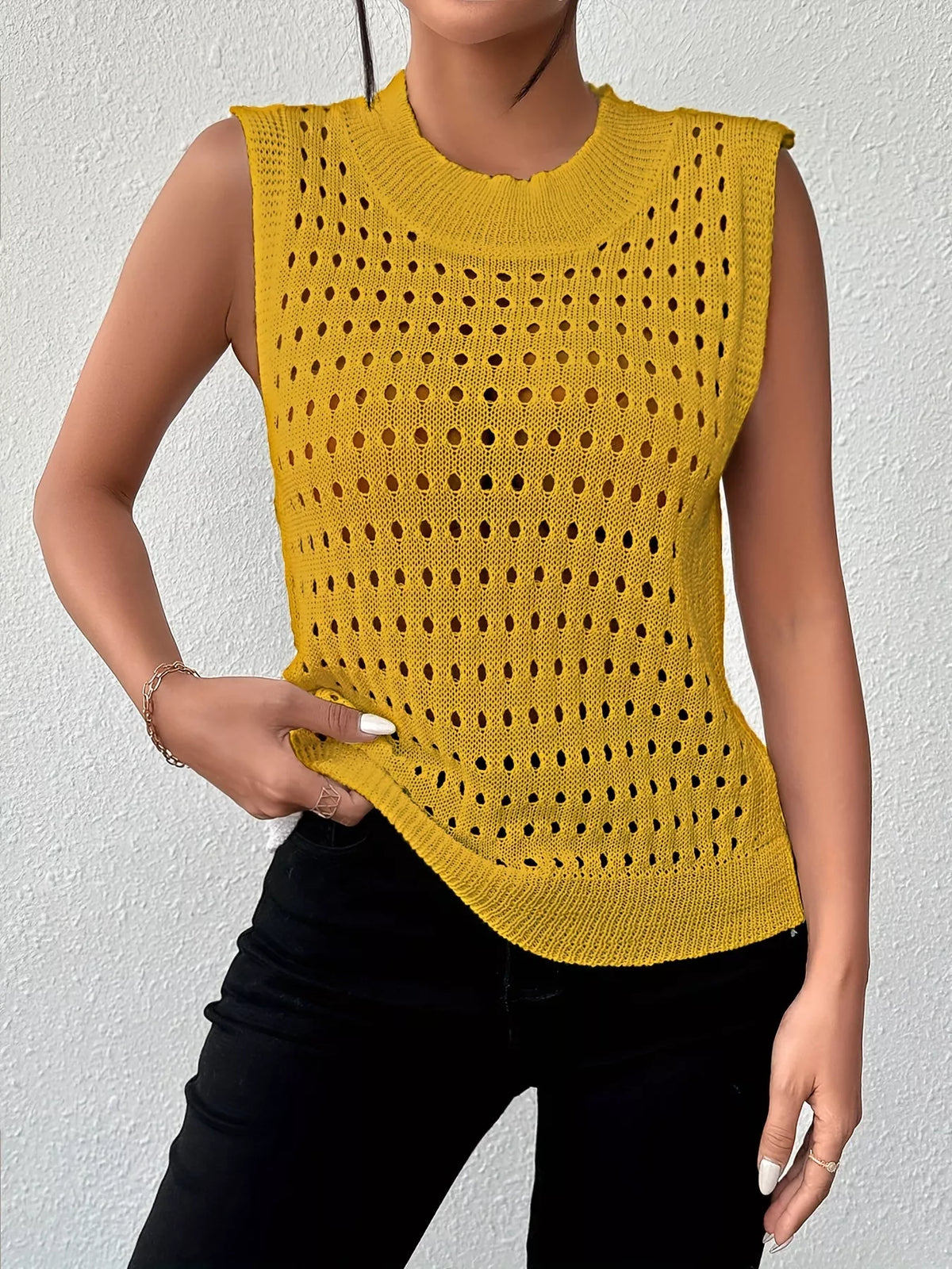 Hollow Out Round Neck Knit Tank