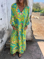Full Size Printed V-Neck Dress with Pockets Plus Size