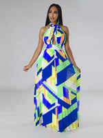 Halter Neck Geometric Print Pleated Maxi Dress