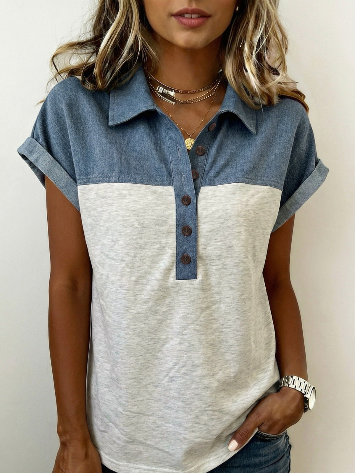 Color Block Denim Patchwork Button Polo Collar Short Sleeve Top