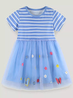 Children's Striped Tulle Dress with Butterfly and Flower Appliques