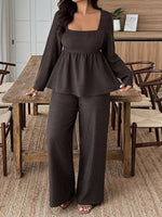 Plus Size Square Neck Long Sleeve Top and Pants Two-Piece Set
