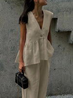 One Button Sleeveless Top and Wide-Leg Pants Set