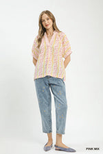 Umgee Mix Print Boho Blouse with Contrast Trim