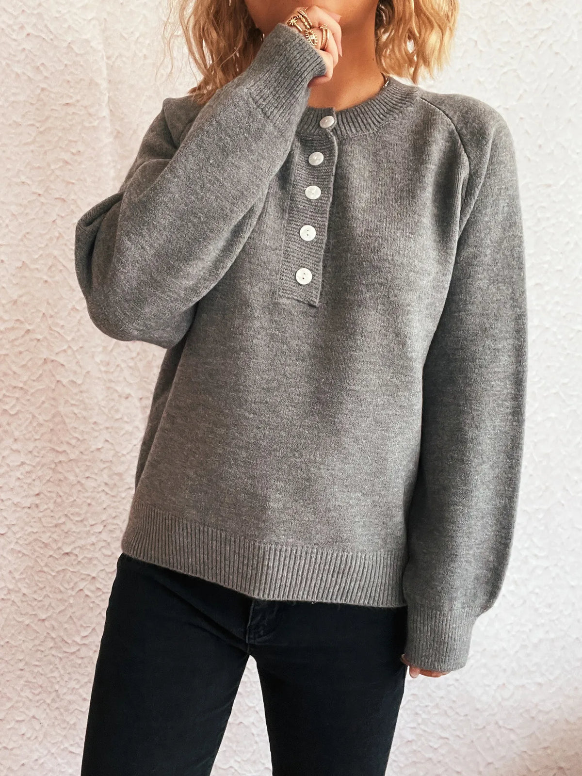 Button-Front Long Sleeve Sweater