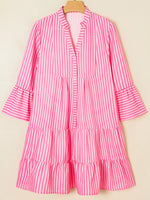 Stripe Flare Sleeve Half Placket Tiered Flowy Mini Dress