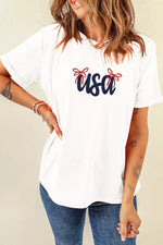 USA Lettering Bow Embroidered T Shirt