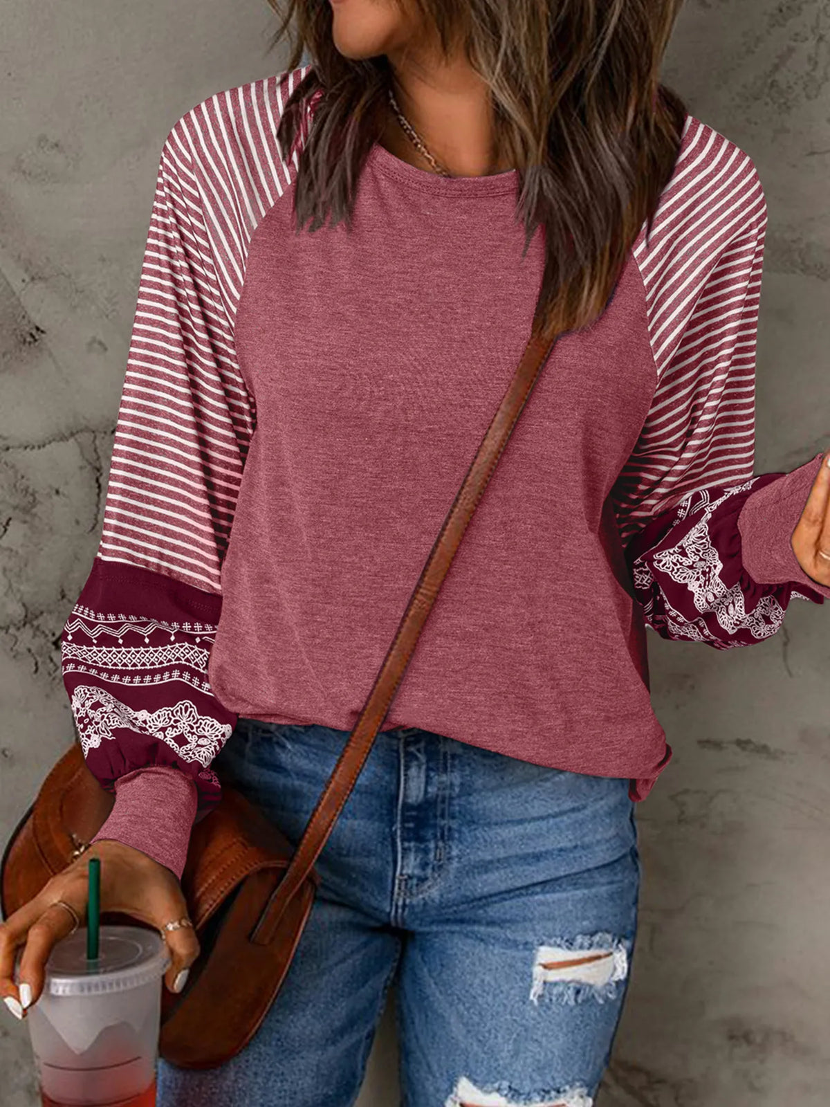 Contrast Print Striped Raglan Long Sleeve Loose Top
